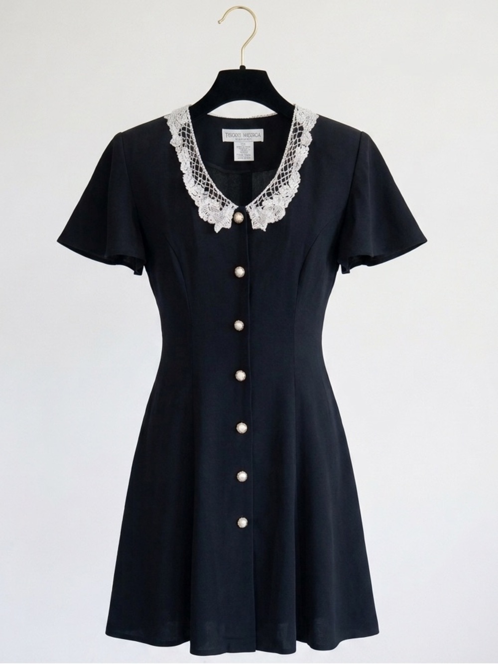 *VINTAGE* Vittorio Virini Black Lace Collar A-Line Dress with Gold Pearl Buttons